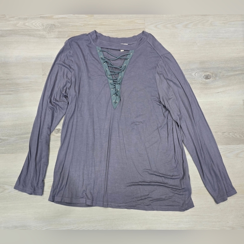 Entro Womens Blouse Gray Stretch Long Sleeve Crisscross Neck L